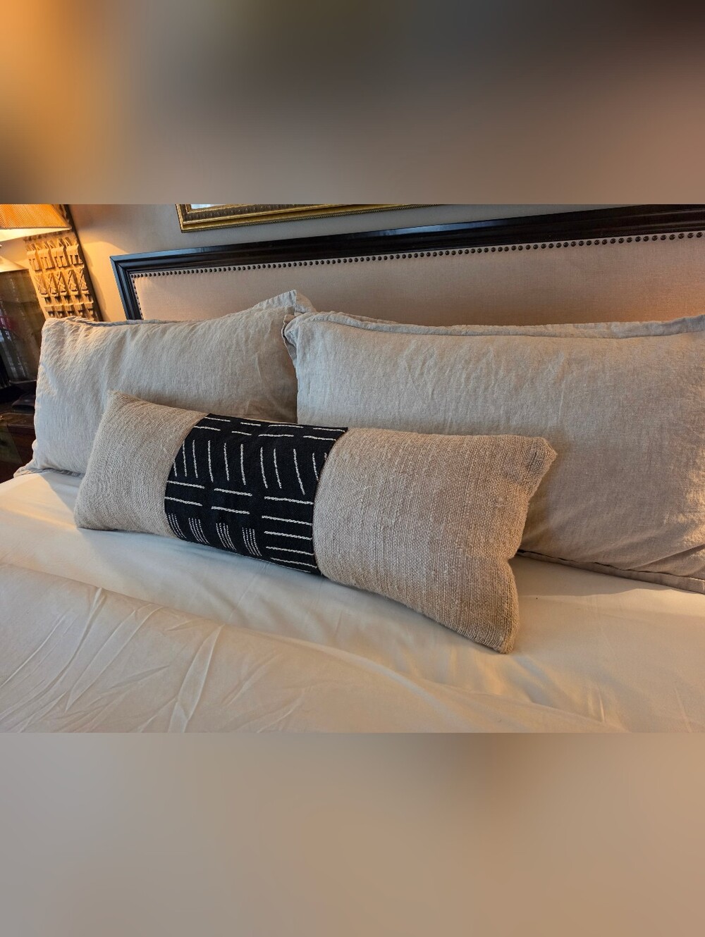 African Mud Cloth And Linen Neutral Beige and Black Decorative Lumbar Pillow